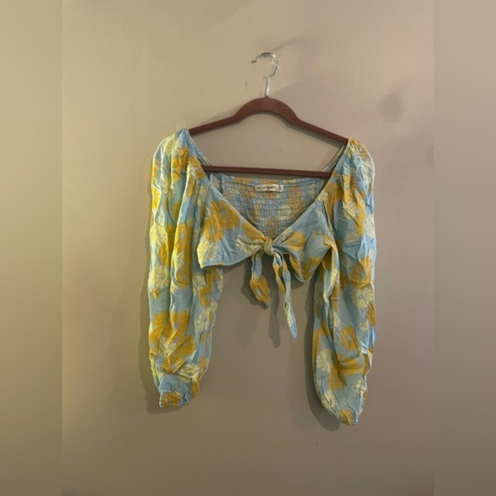 Live To Be Spoiled Green & Blue Floral Cropped Long Sleeve Blouse